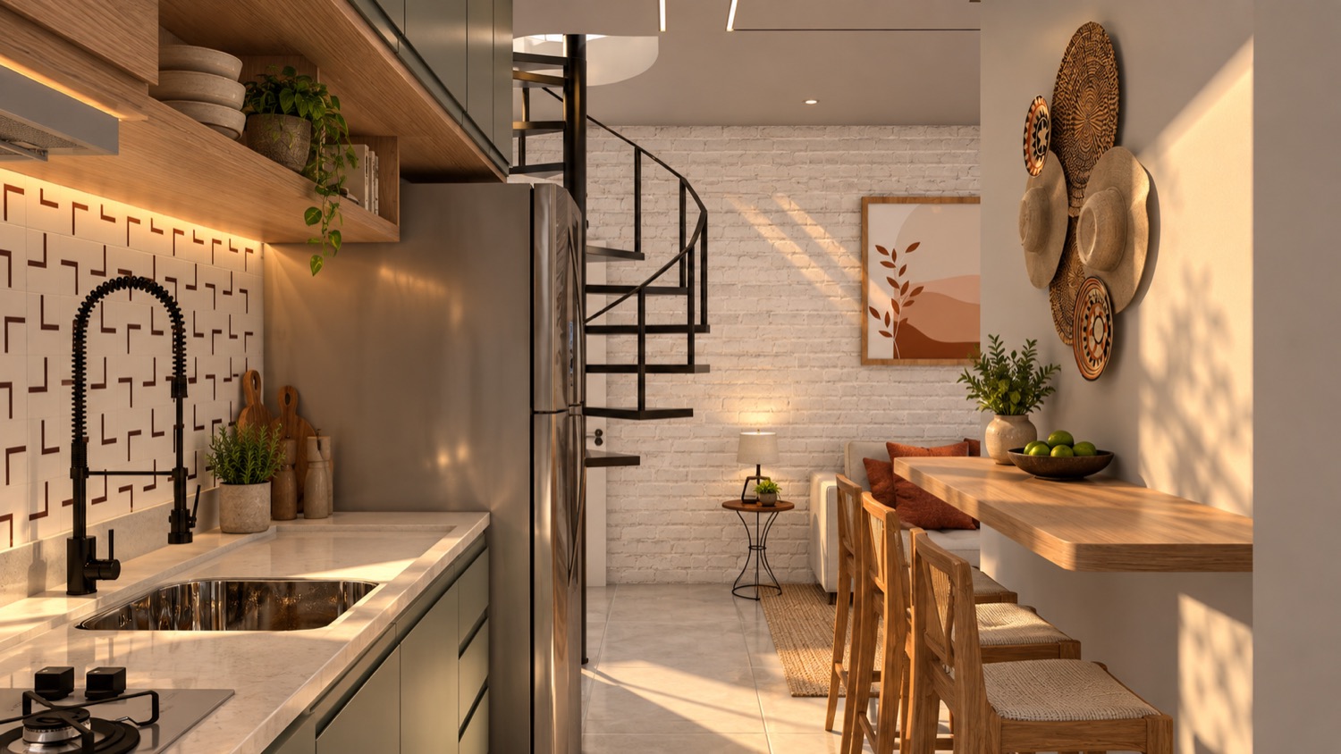 Cozinha do duplex com a escada caracol