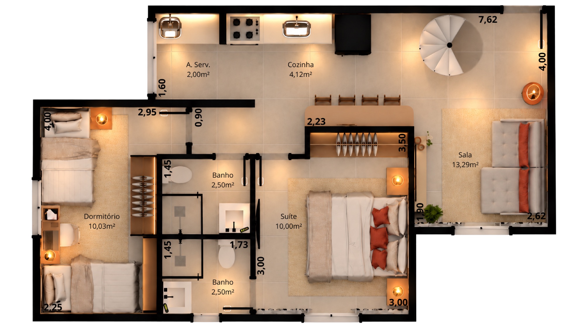 Planta humanizada do duplex Final 6, piso inferior