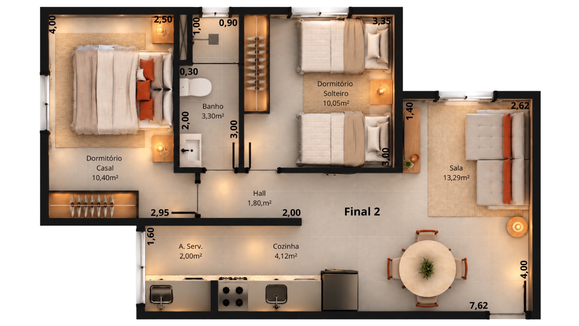 Planta humanizada do apartamento Final 2, sem suíte