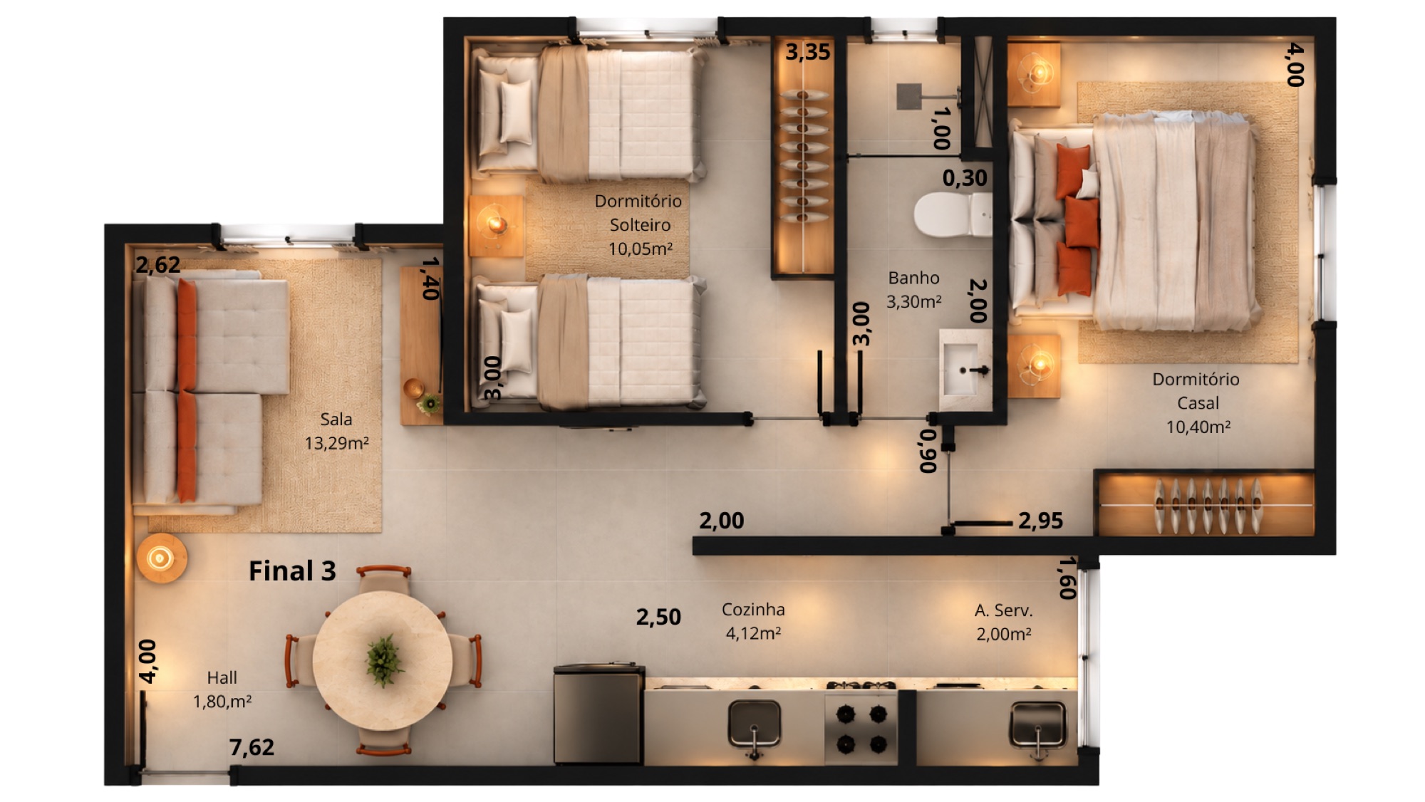 Planta humanizada do apartamento Final 3