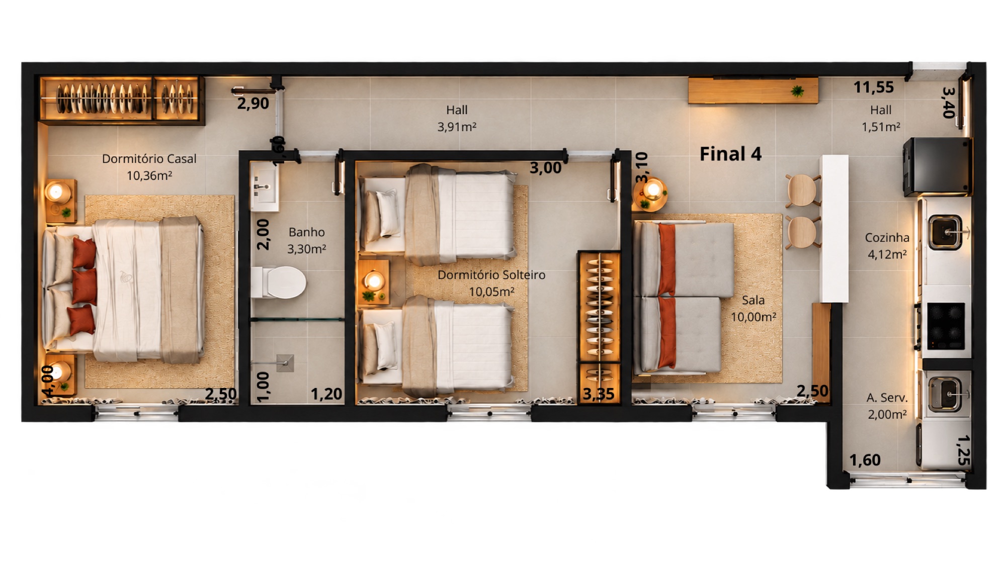 Planta humanizada do apartamento Final 4