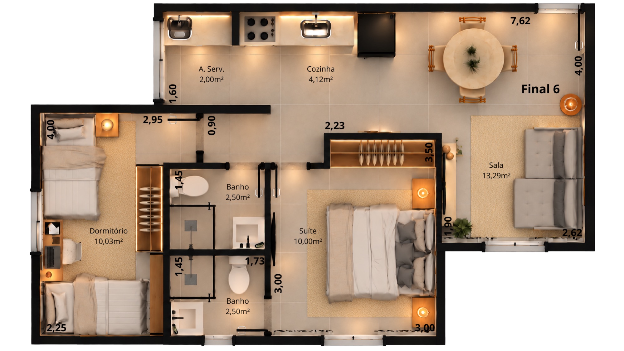 Planta humanizada do apartamento Final 6, com suíte