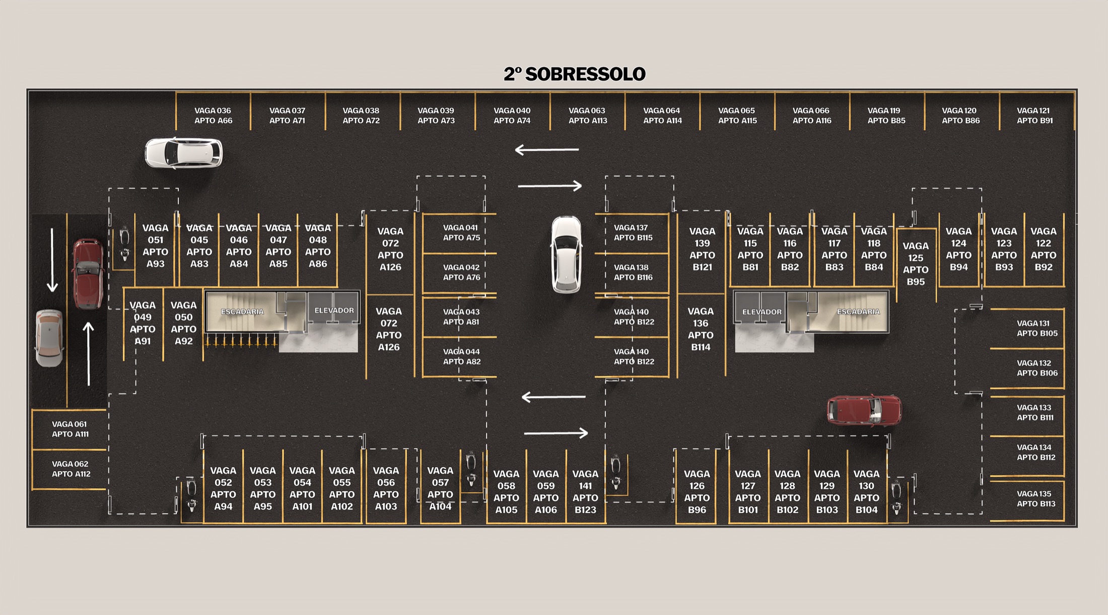 Planta do segundo sobressolo com vagas de garagem