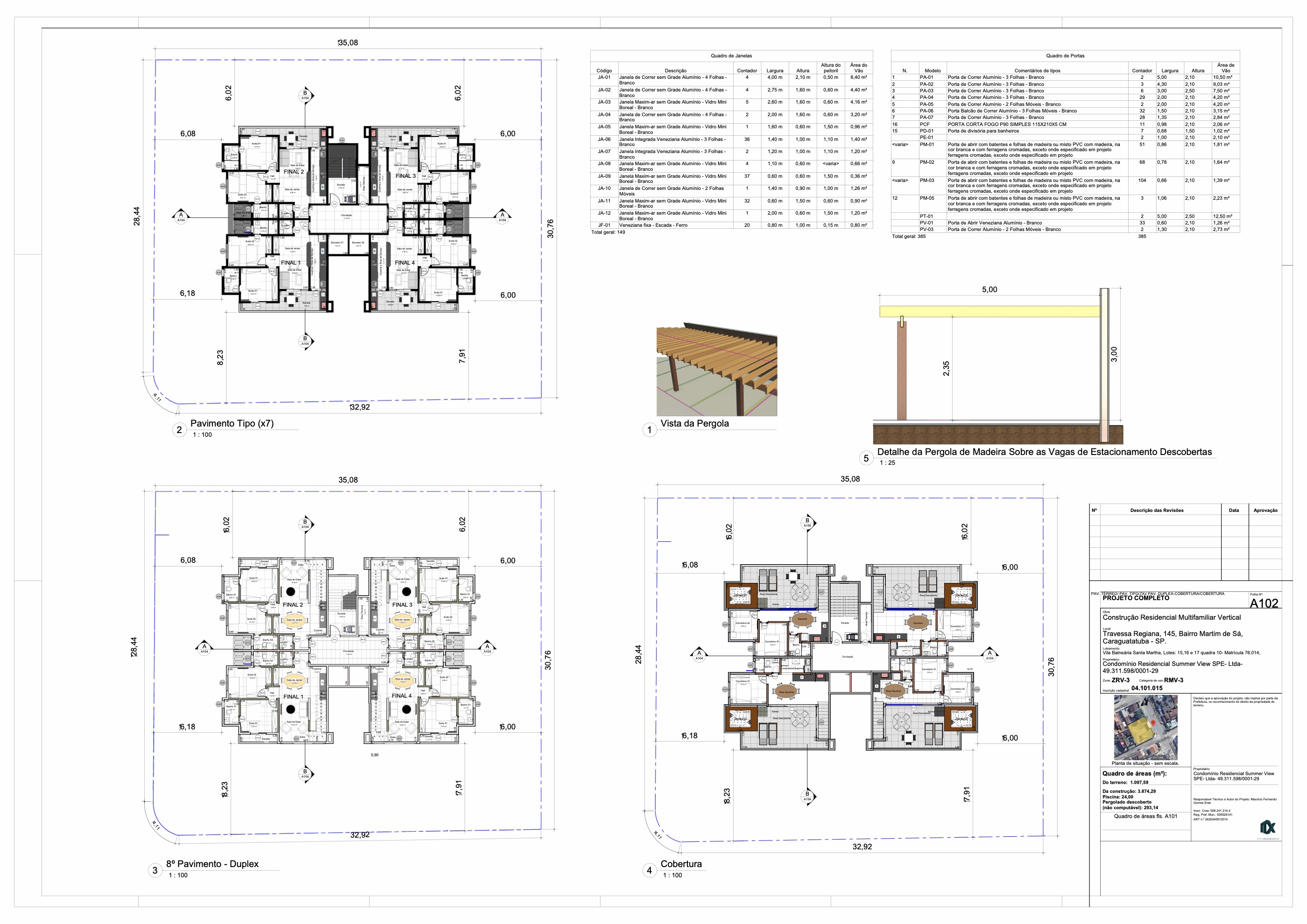 Prancha A102 do projeto: pavimento tipo, duplex e cobertura
