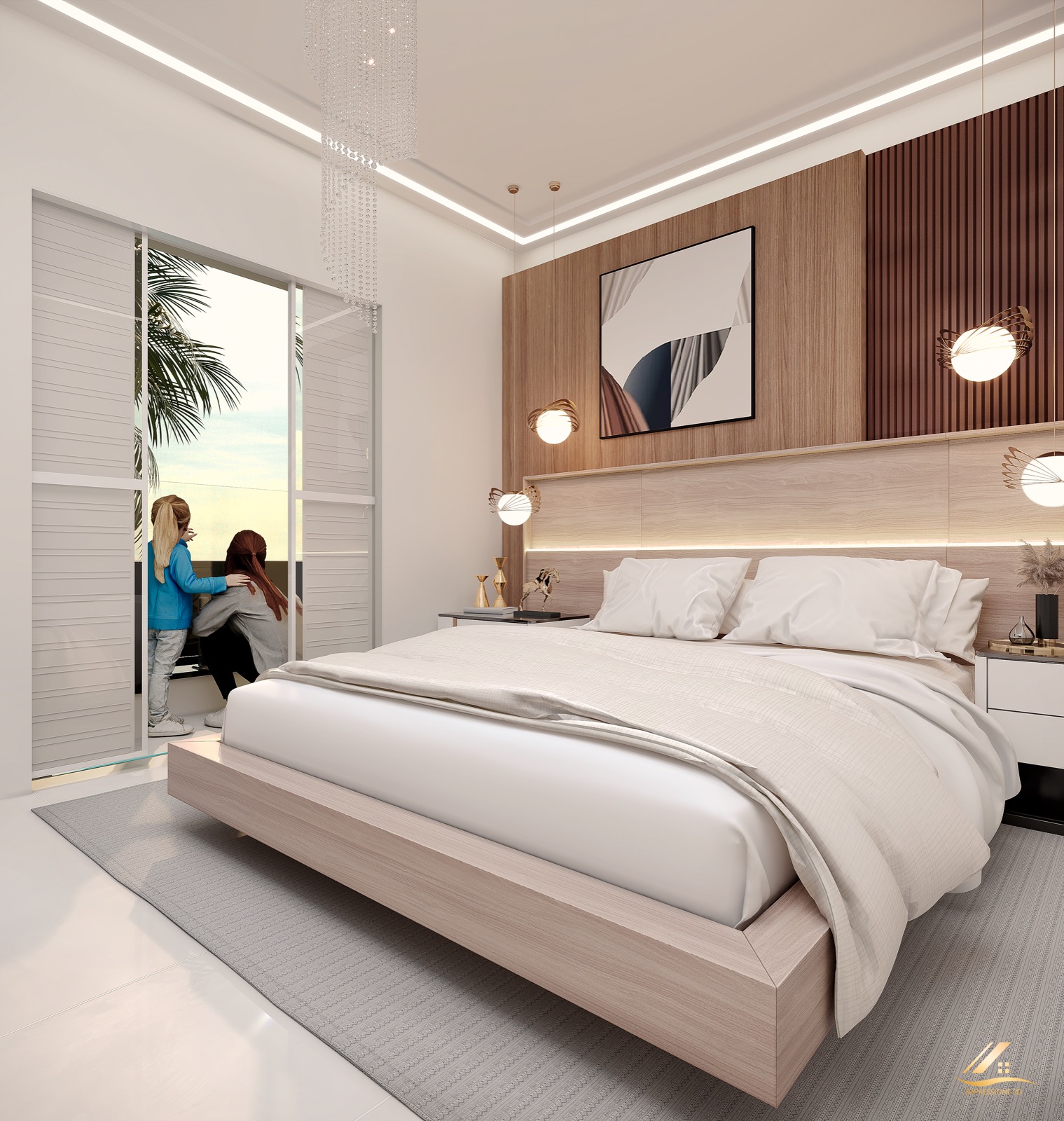 Suíte com cama de casal e painel de madeira